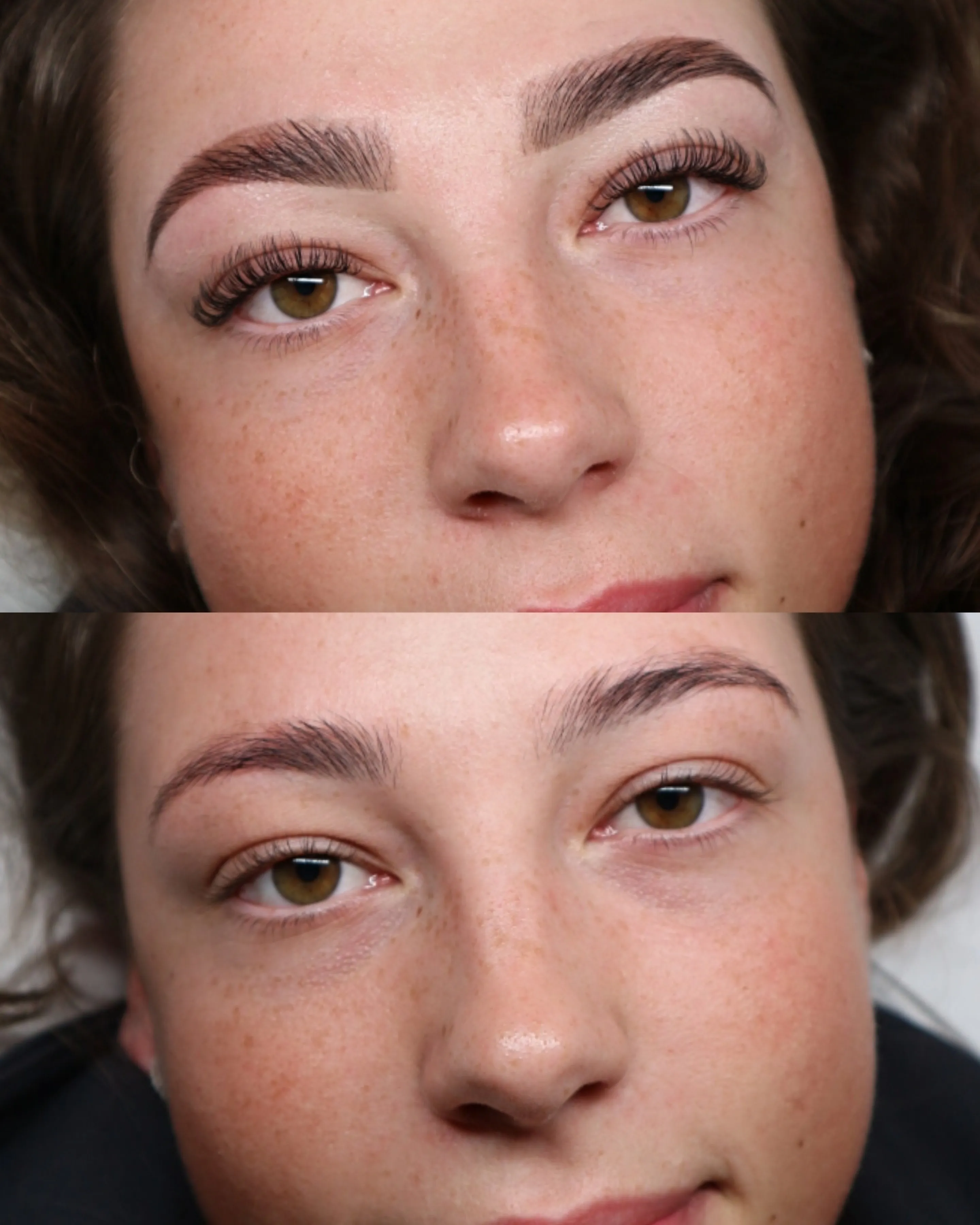 Before and after of a brow sculpt and lash set on a freckled client