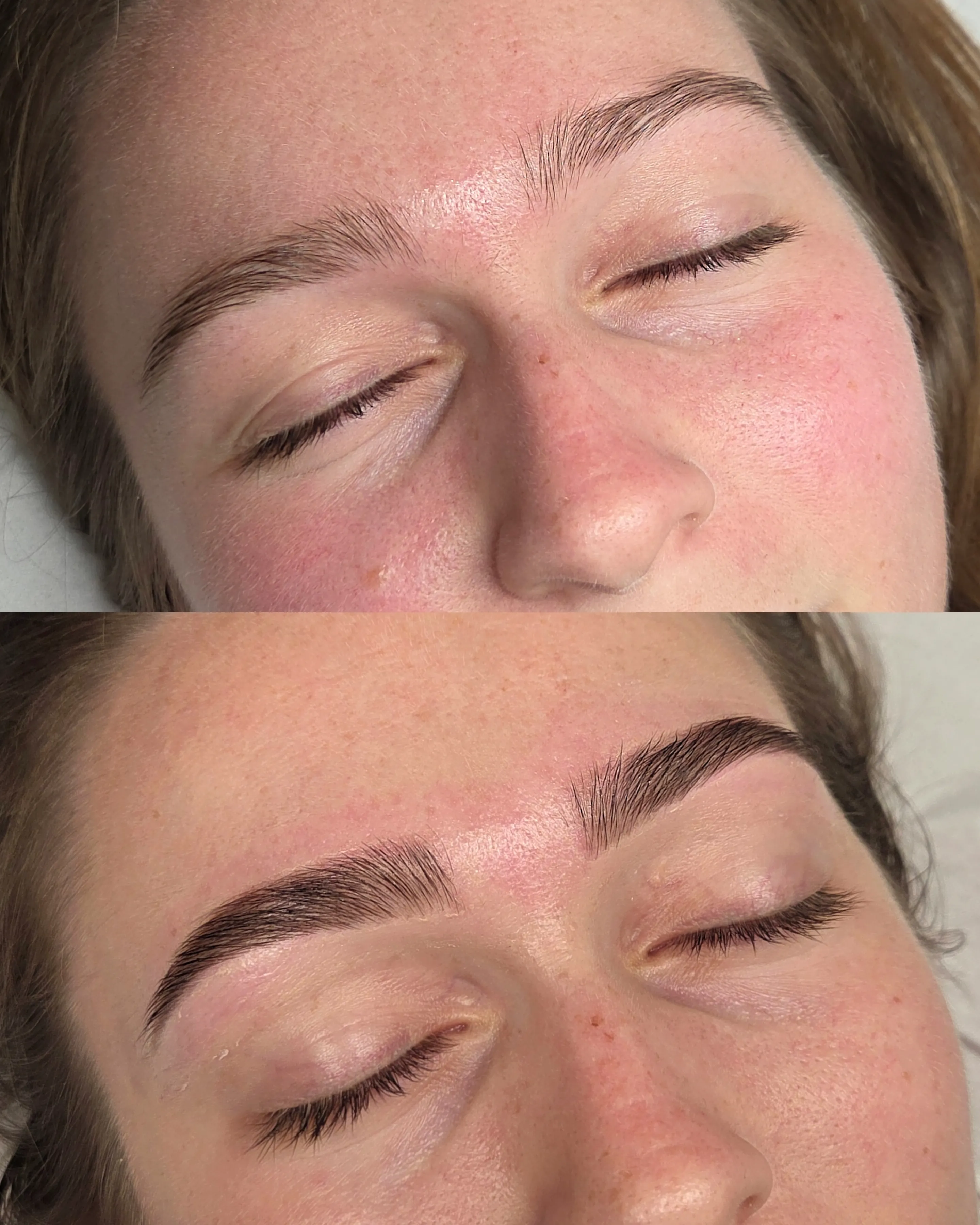 Before and after of a brow sculpt: brows shaped, tinted and defined