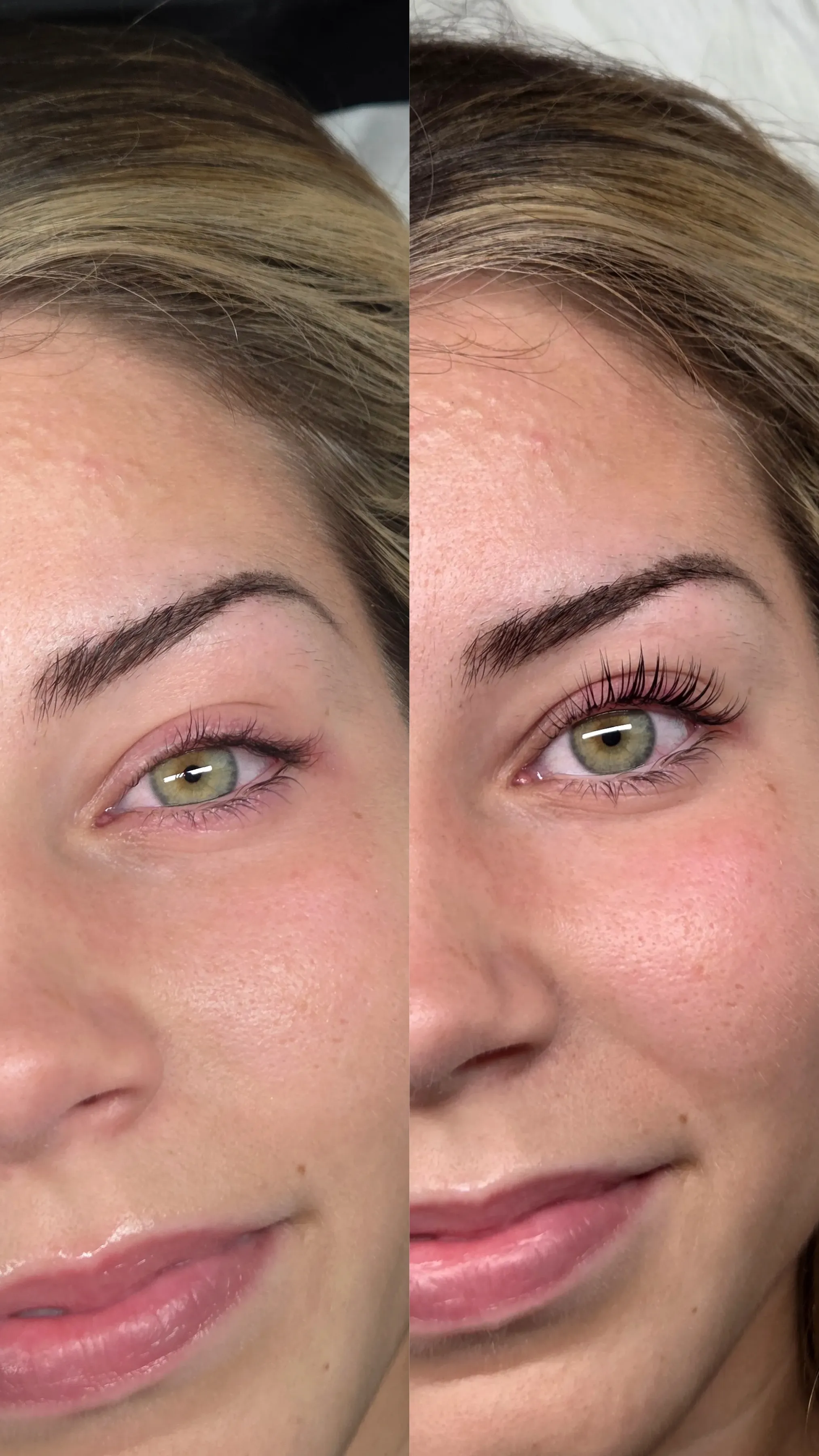 Before and after of a Korean lash lift: natural lashes lifted and tinted