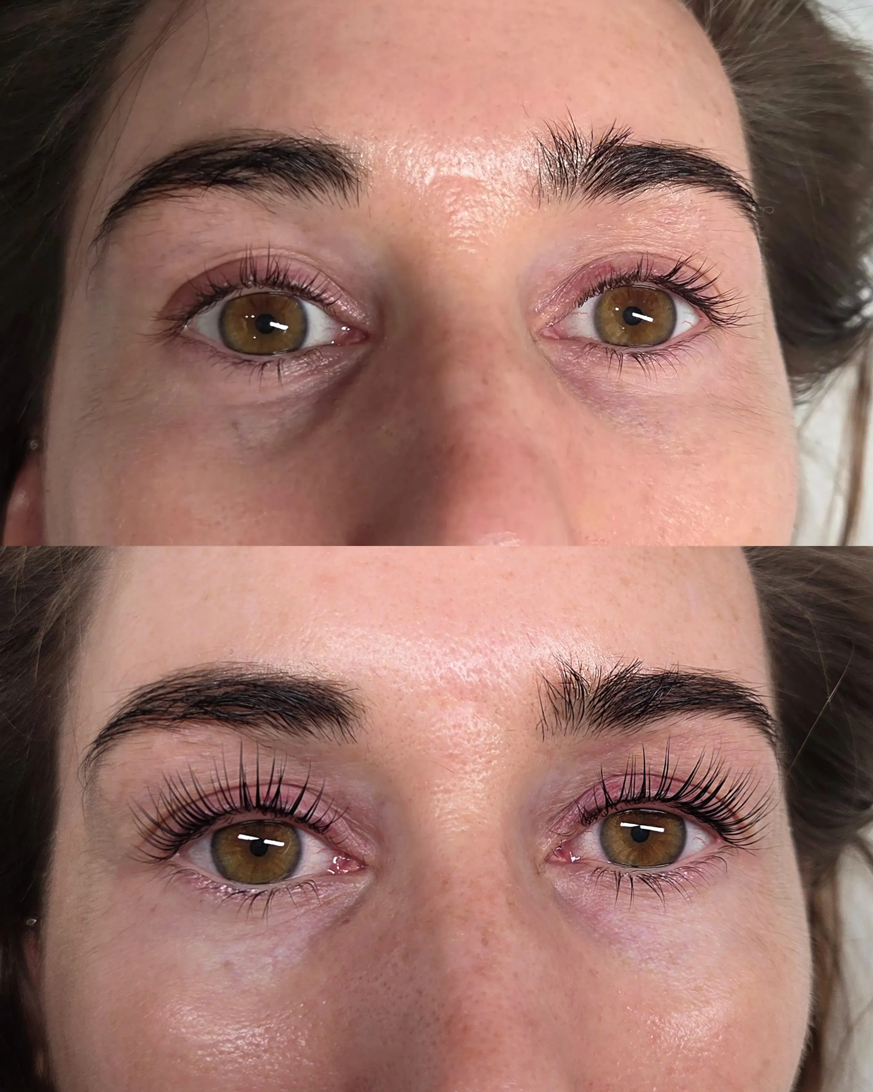 Before and after of a lash lift, lashes visibly lifted and defined