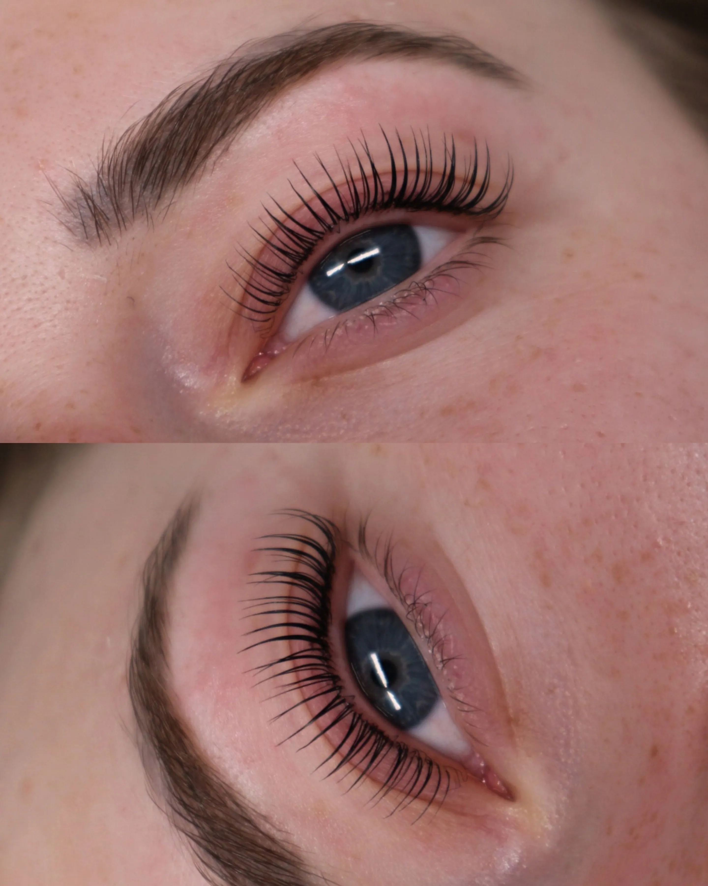 Close-up before and after of a lash lift on blue eyes