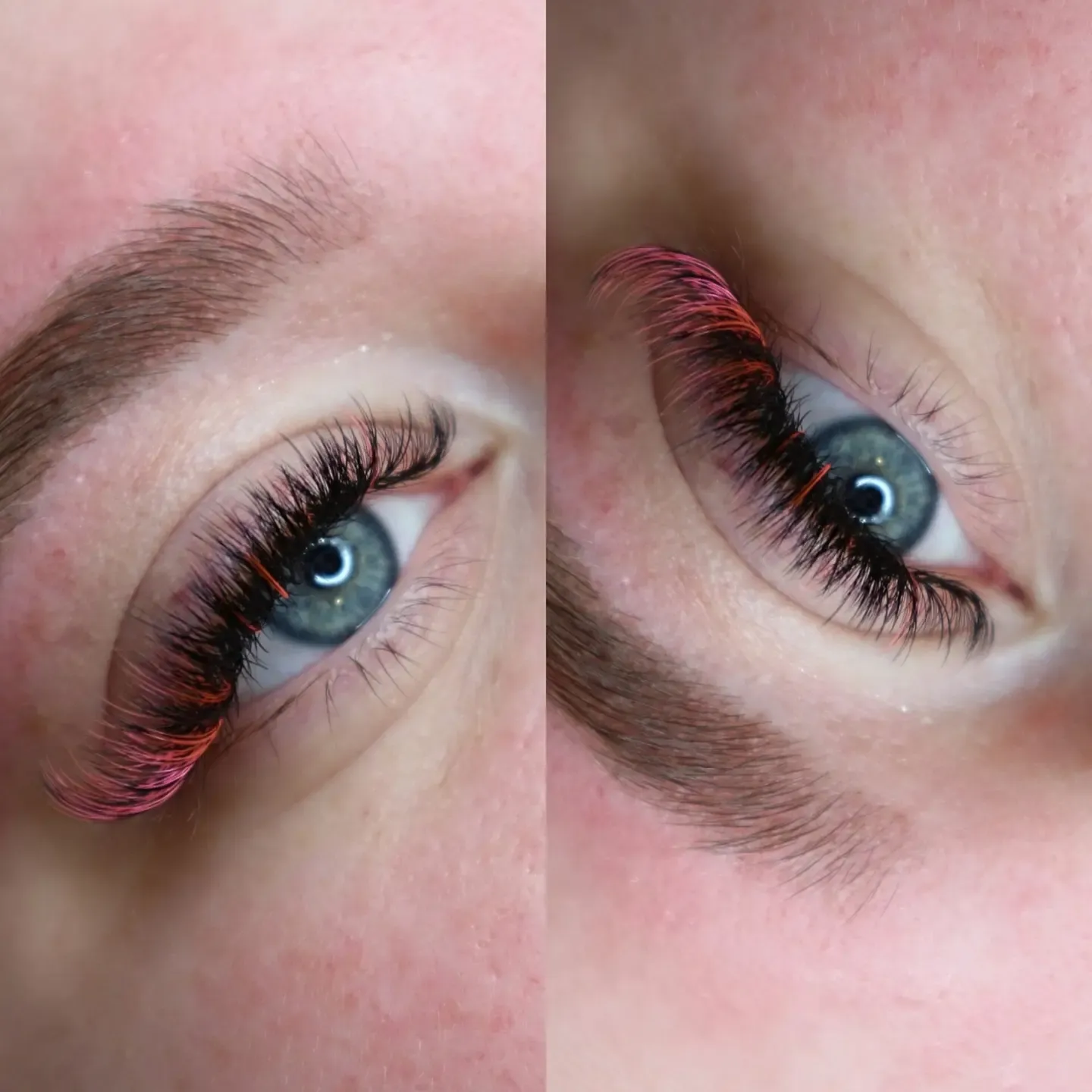 Pink and red coloured lash extensions on a blue eye, shown from two angles